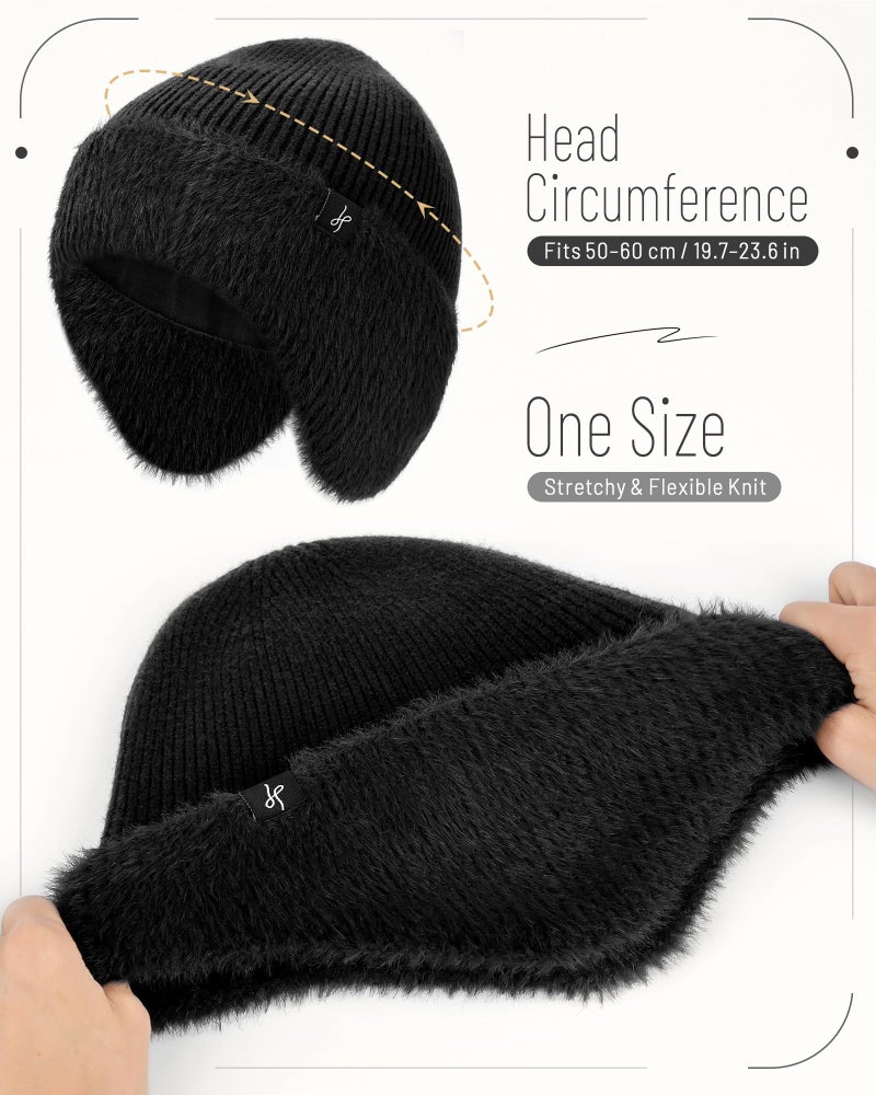 HAMUNI Winter Fleece-Lined Beanie with Earflaps, Warm Windproof Unisex Beanie Hat for Skiing, Hiking & Outdoor Winter Sports Pitch Black - Image 5
