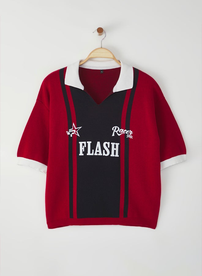 trendyol Red-Navy Regular Polo Collar Printed Knitwear Polo Collar T-shirt - Image 4