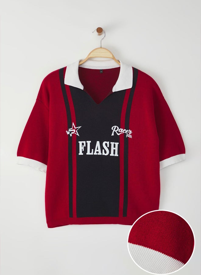 trendyol Red-Navy Regular Polo Collar Printed Knitwear Polo Collar T-shirt - Image 3