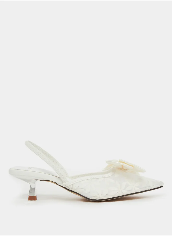 Styli Floral Design Bow Trim Kitten Heel Slingback Shoes