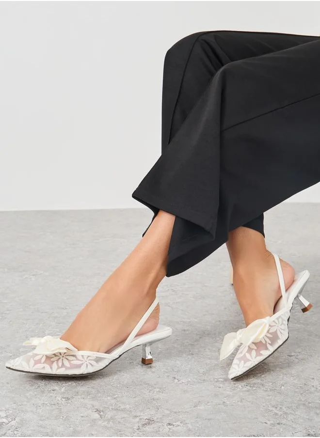 Styli Styli Floral Design Bow Trim Kitten Heel Slingback Shoes