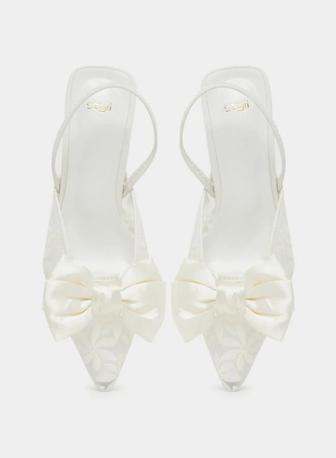 Styli Styli Floral Design Bow Trim Kitten Heel Slingback Shoes