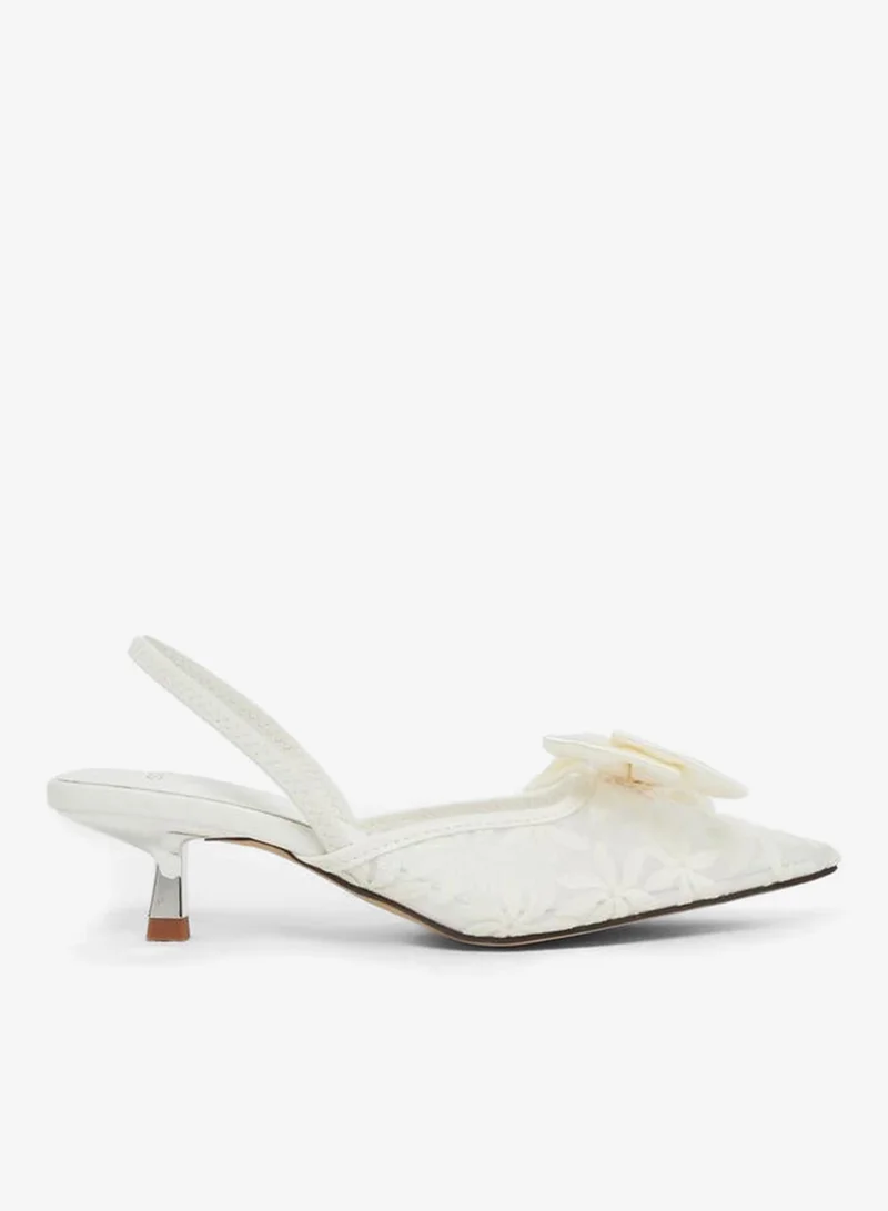Floral Design Bow Trim Kitten Heel Slingback Shoes