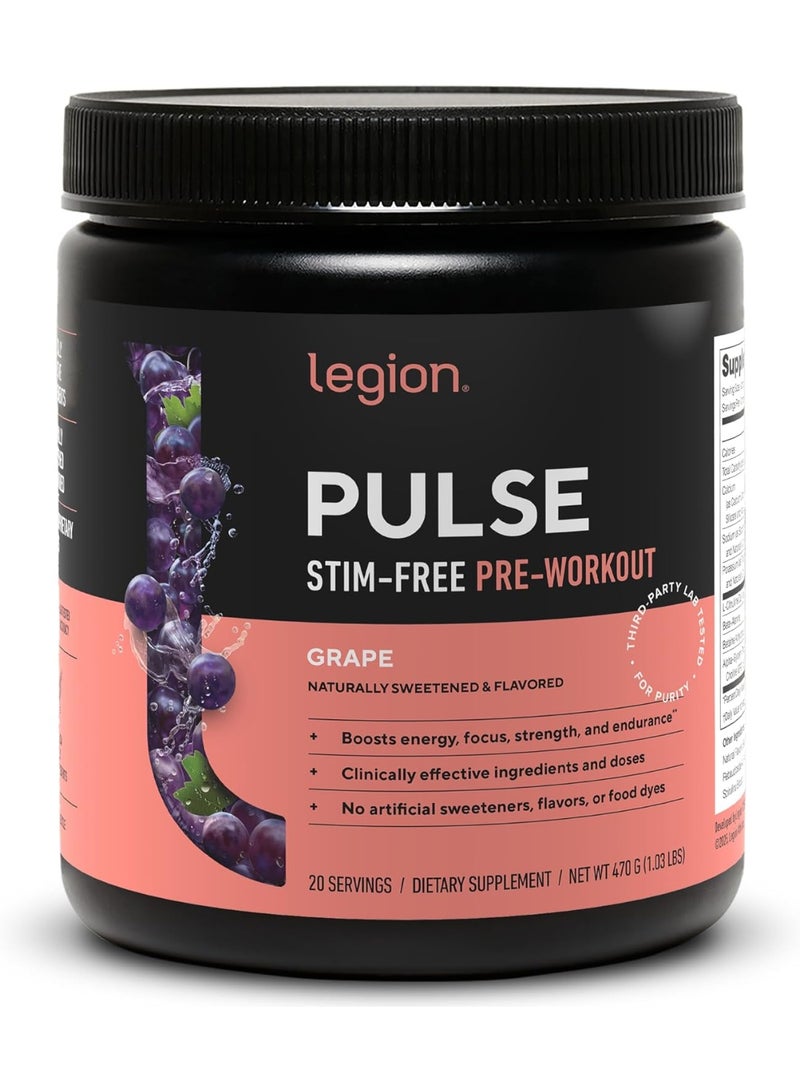 Legion Pulse Stim-Free Pre-Workout Grape 20 Servings (470g) – Caffeine-Free Pump, Endurance & Focus - Image 1