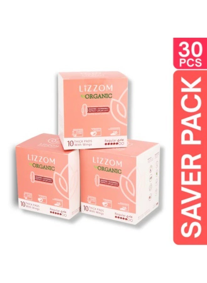 LiZZOM Organic THICK Regular Sanitary Pads with Wings, Pack of 3 (30 Pads), Bamboo Top Sheet, Biodegradable Back Sheet - Image 1
