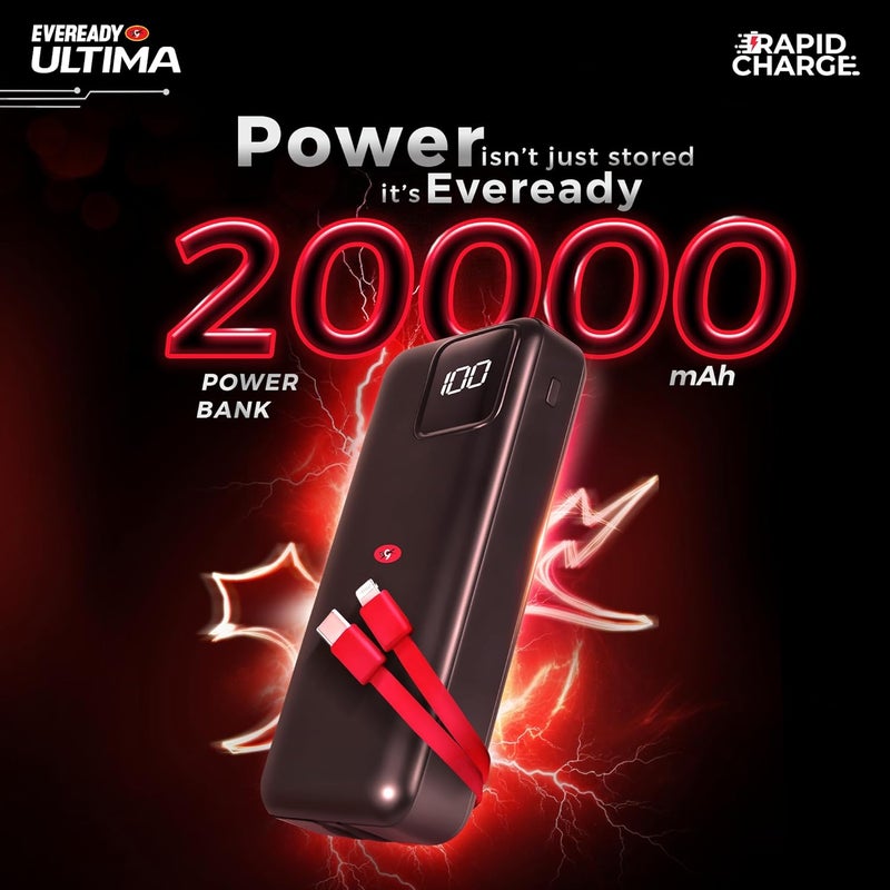 Eveready Ultima Power Bank PB11 with Built-in-Cables 20,000 mAh, 22.5W Fast Charging, Multiple Ports & Universal Compatibility, TypeC Input & Output, Digital Battery Indicator, Overcharging Protection - Image 2