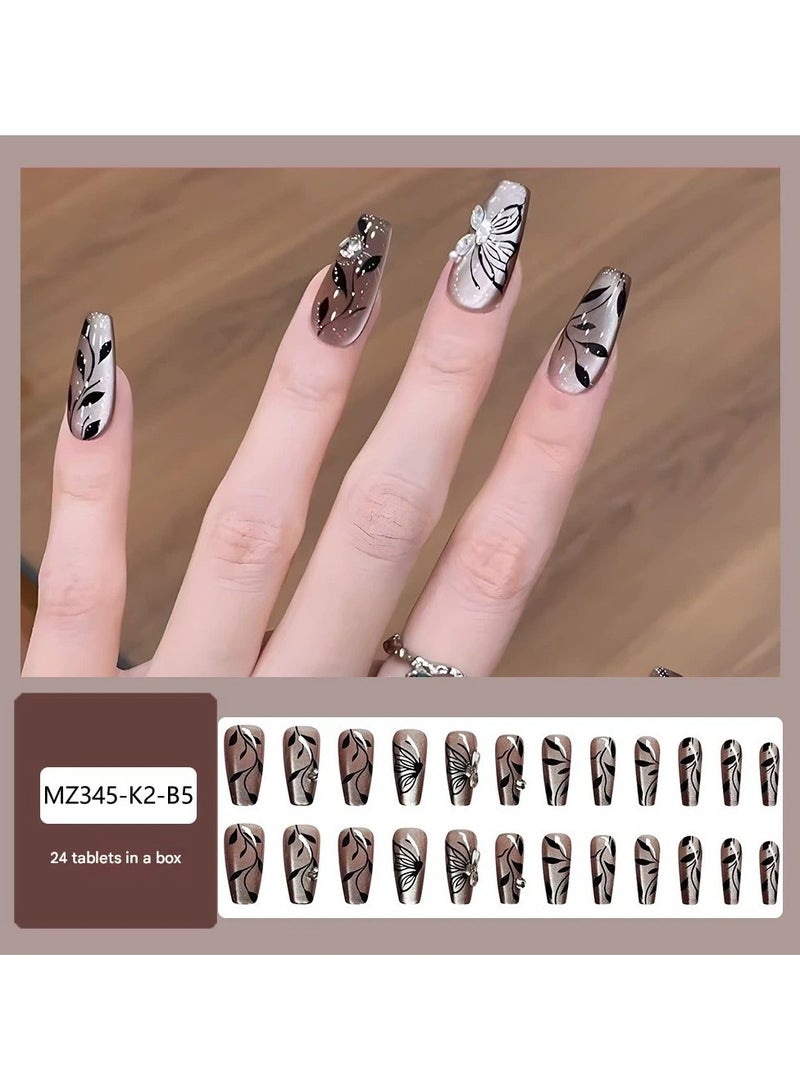Goolsky Cat Eye Press On Nails Sweet Ballerina Trapezoid Nails Ink Butterfly Design Fake Nail Tips  - Image 1