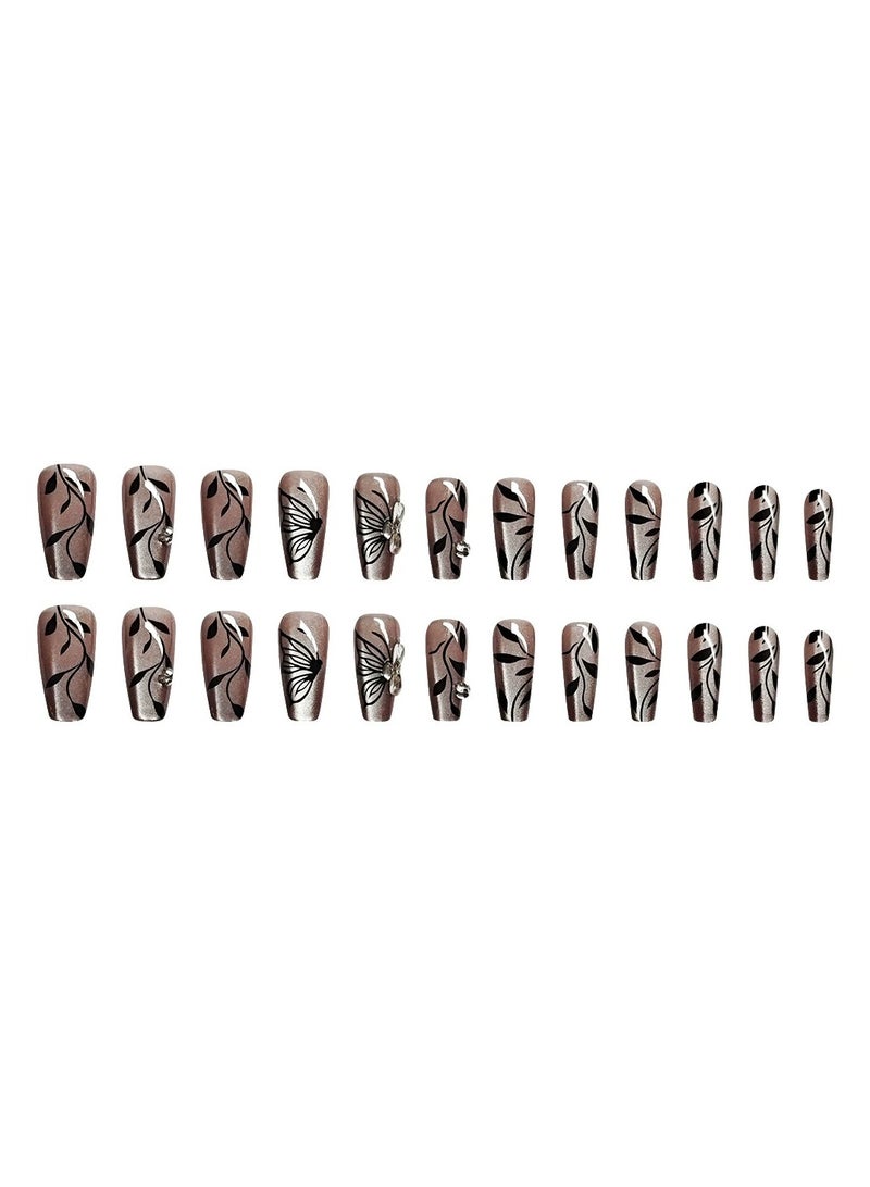 Goolsky Cat Eye Press On Nails Sweet Ballerina Trapezoid Nails Ink Butterfly Design Fake Nail Tips  - Image 2