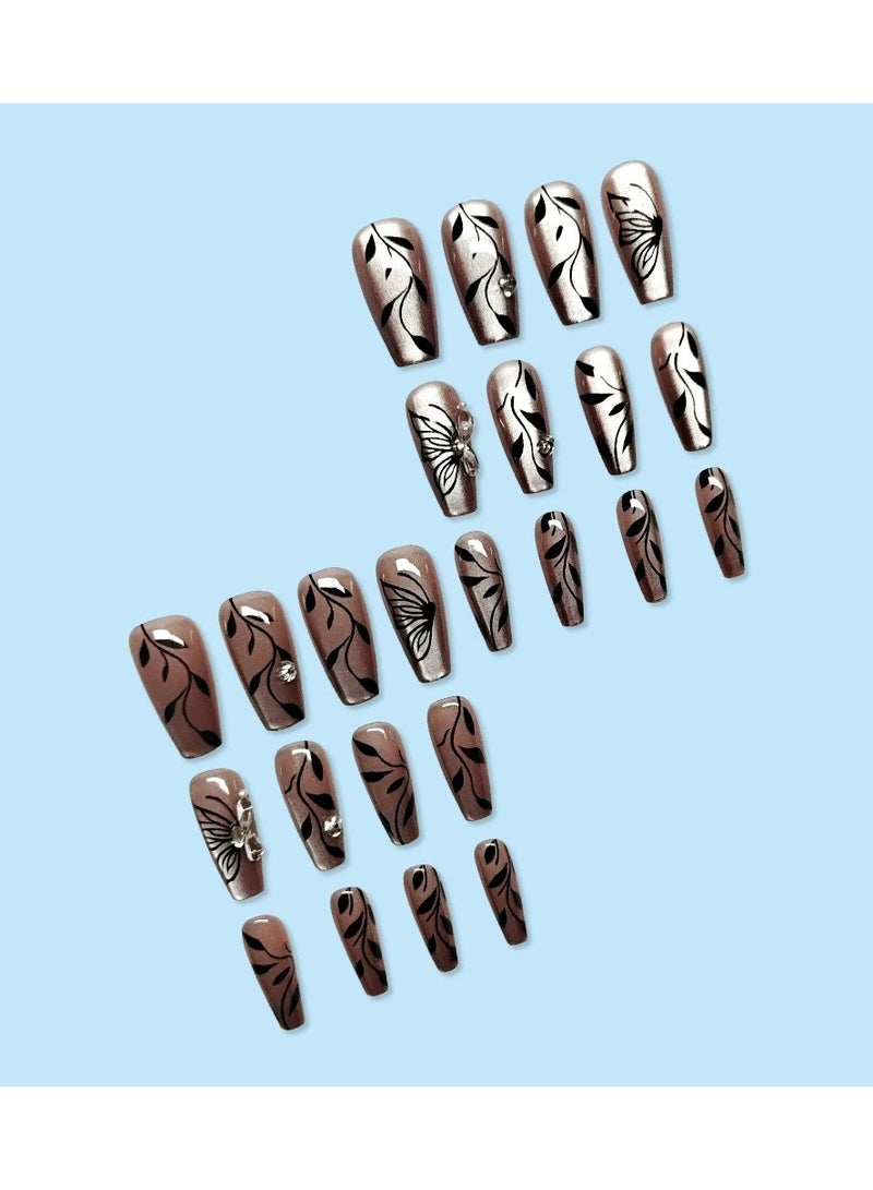 Goolsky Cat Eye Press On Nails Sweet Ballerina Trapezoid Nails Ink Butterfly Design Fake Nail Tips  - Image 4