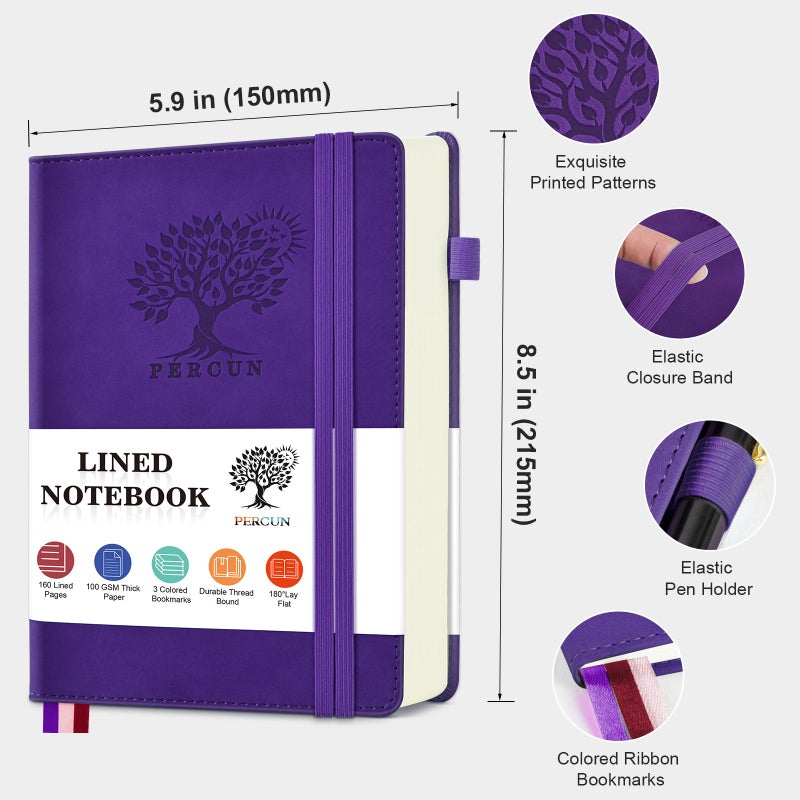PERCUN Lined Journal Notebook for Men & Women, 160 Pages College Ruled Journal for Writing, A5 Hardcover Leather Notebooks for Work, School, Business, Travel, Daily Diary 5.9" x 8.5" (Purple) - Image 2