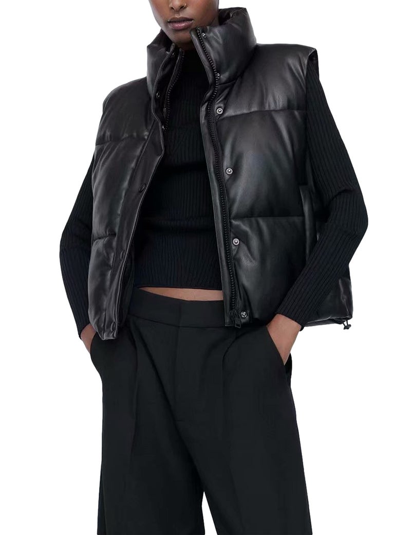 UANEO Womens PU Leather Cropped Puffer Vest Winter Faux Leather Zip Up Sleeveless Jacket Black Medium