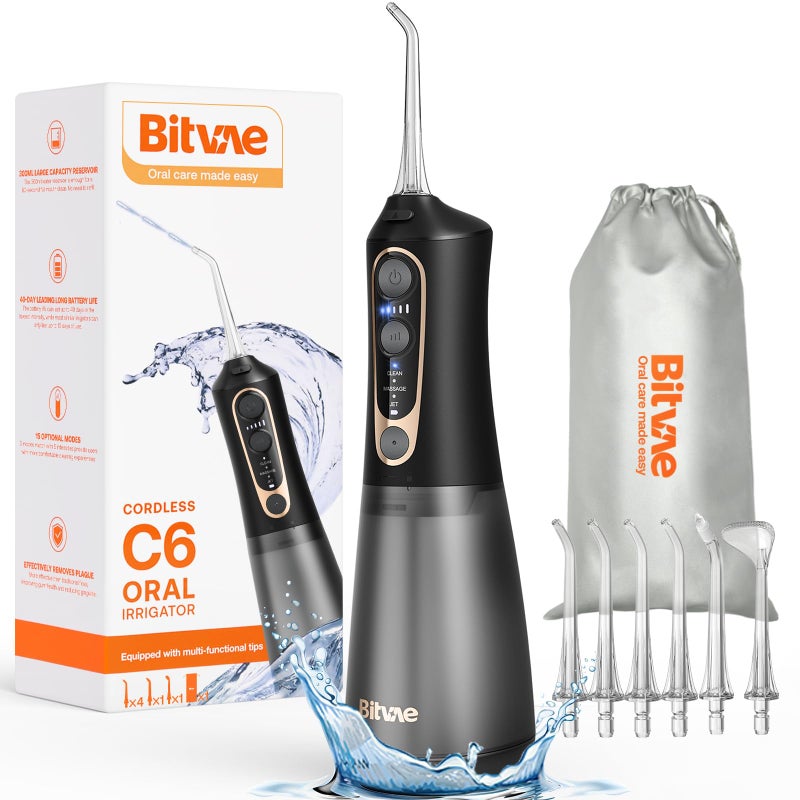 Bitvae C6 Water Dental Flosser for Teeth Pick, Cordless Flosser for Travel with 6 Jet Tips, 3 Modes 5 intensities, IPX7 Waterproof Portable & Rechargeable Oral Irrigator Cleaner, Black - Image 1