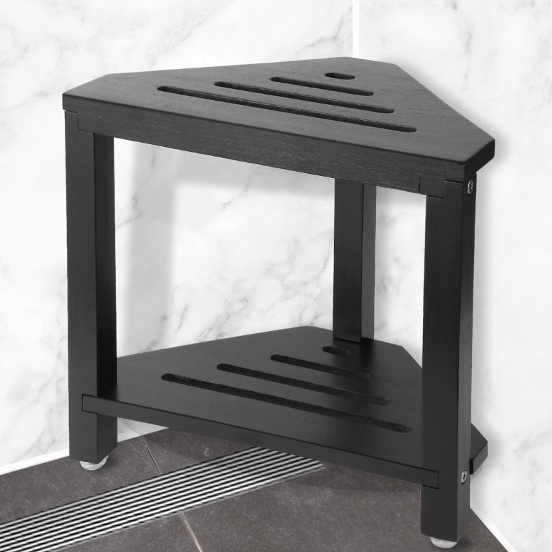 IBosins Corner Shower Stool with Storage Shelf Shower Foot Rest for Shaving Legs Small Bench for Inside Shower to Sit on Bath Seat - Acacia Wood, Black - Image 1