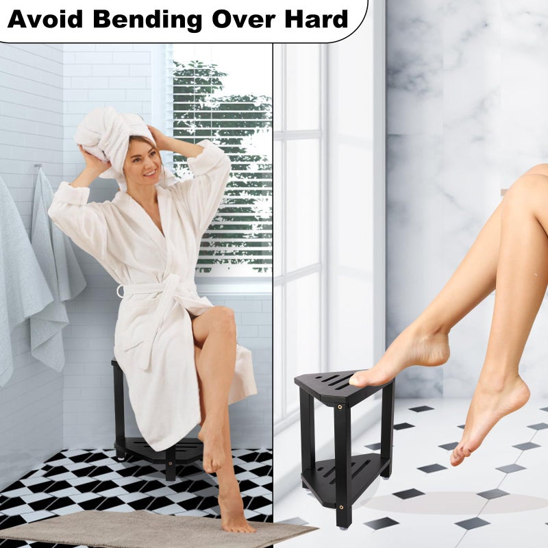 IBosins Corner Shower Stool with Storage Shelf Shower Foot Rest for Shaving Legs Small Bench for Inside Shower to Sit on Bath Seat - Acacia Wood, Black - Image 4