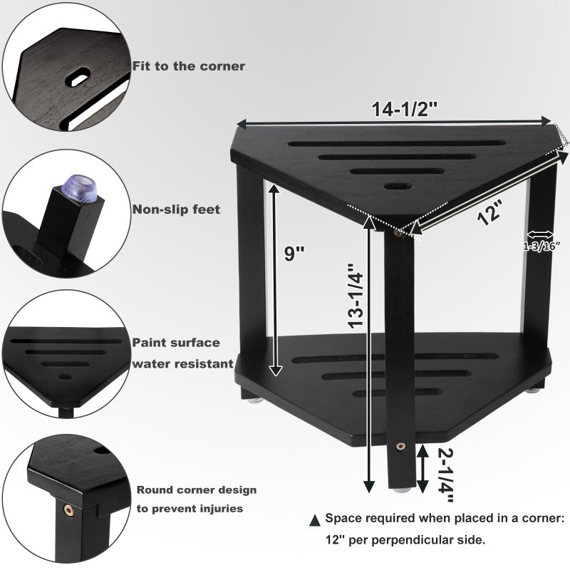 IBosins Corner Shower Stool with Storage Shelf Shower Foot Rest for Shaving Legs Small Bench for Inside Shower to Sit on Bath Seat - Acacia Wood, Black - Image 2