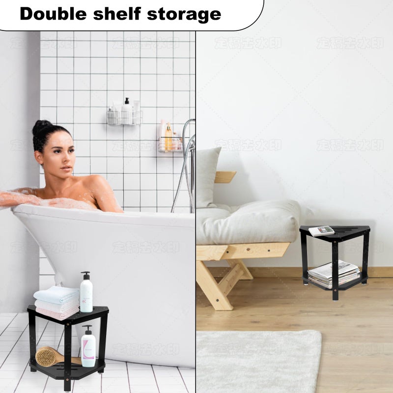 IBosins Corner Shower Stool with Storage Shelf Shower Foot Rest for Shaving Legs Small Bench for Inside Shower to Sit on Bath Seat - Acacia Wood, Black - Image 5