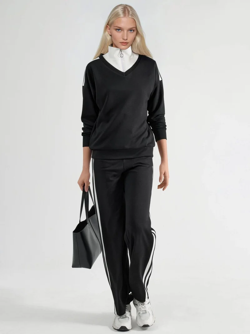 Hiccup Black Modal Touch Zipper Collar Wide Leg Two-Piece Co-Ord Set Bersan Collection for Women | Best Price UAE