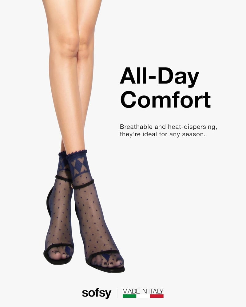 sofsy Italian Dotted Socks Collection (Ankle & Knee High) 20 Den Sheer Patterned Stockings with Ruffled Lace, Geometric Cuffs - Image 4
