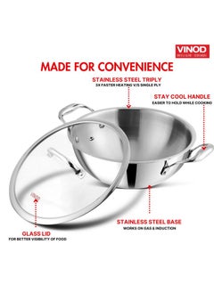 VINOD Vinod Platinum Triply Stainless Steel Kadai with Glass Lid (20cm, 1.8L) | 2.5 mm Thick | Triply Kadai with Heavy Bottom | Induction Friendly Triply Stainless Steel Cookware Kadhai | 5 Year Warranty  - Image 5