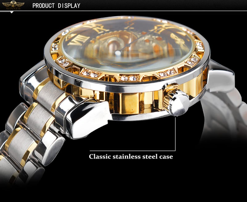 FORSINING Watch for Men, Retro Steampunk Skeleton Mechanical Wrist Watch with Blue Diamond and Royal Carving, Elegant Neutral Clock (Silver Black) - Image 3