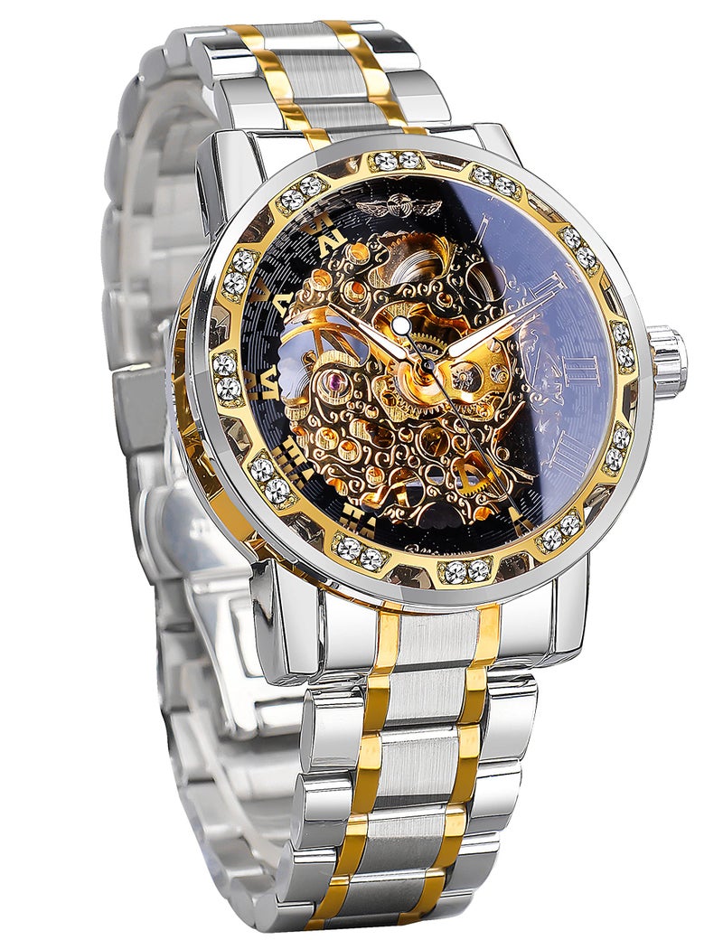 FORSINING Watch for Men, Retro Steampunk Skeleton Mechanical Wrist Watch with Blue Diamond and Royal Carving, Elegant Neutral Clock (Silver Black) - Image 1