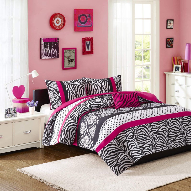 Mi Zone Comforter Set Fun Bedroom Dcor Modern All Season Polka Dot Print Vibrant Color Cozy Bedding Layer Matching Sham Decorative Pillow FullQueen Zebra Pink 4 Piece