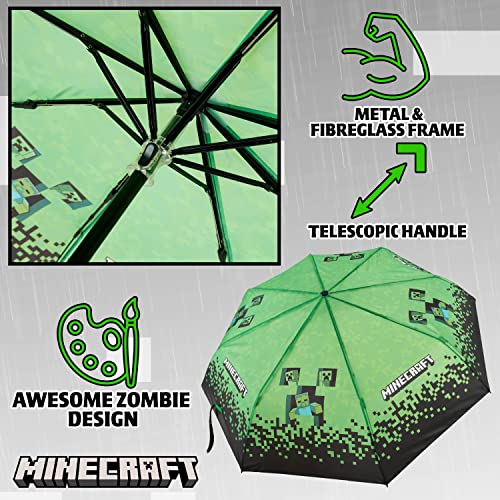 MINECRAFT مظلات قابلة للطي من ماين كرافت للأولاد والبنات مظلة متينة ومضادة للرياح للسفر للمراهقين وعشاق الألعاب (أسود/أخضر) - Image 5