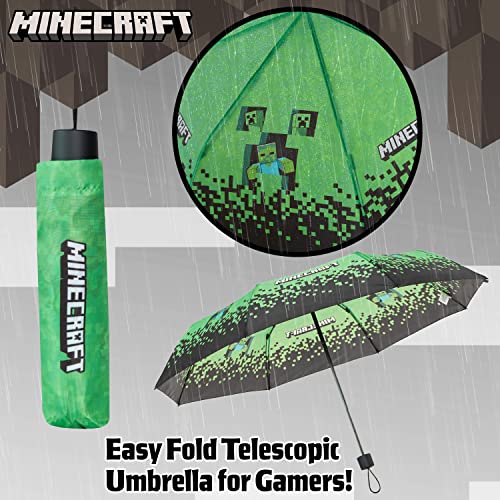 MINECRAFT مظلات قابلة للطي من ماين كرافت للأولاد والبنات مظلة متينة ومضادة للرياح للسفر للمراهقين وعشاق الألعاب (أسود/أخضر) - Image 3
