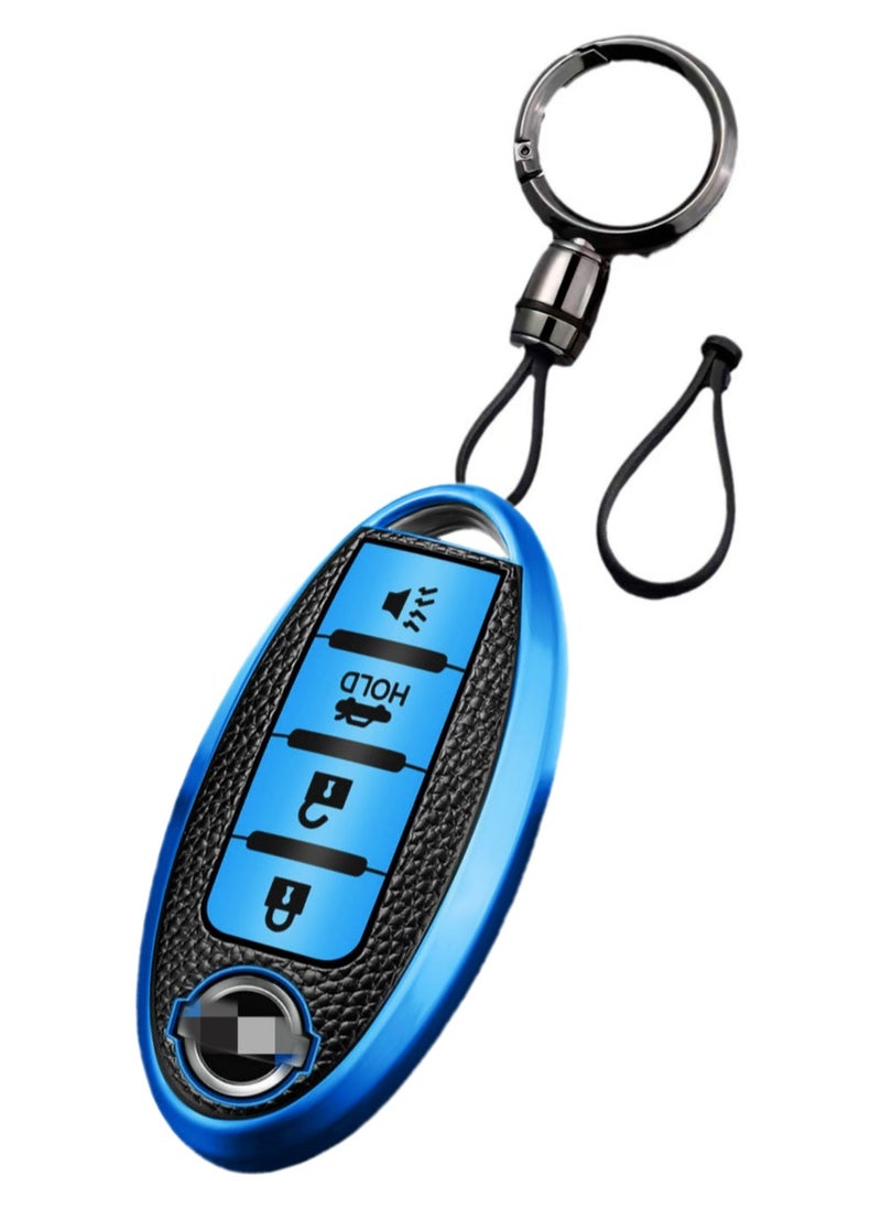 OUYoo - OUYoo For Nissan Key Fob Cover, for Nissan Altima Accessories Maxima Rogue Armada Pathfinder Infiniti Premium Soft TPU Full Cover Smart Remote Keyless Key，With key chain(4 Button only) (Blue） - Image 1
