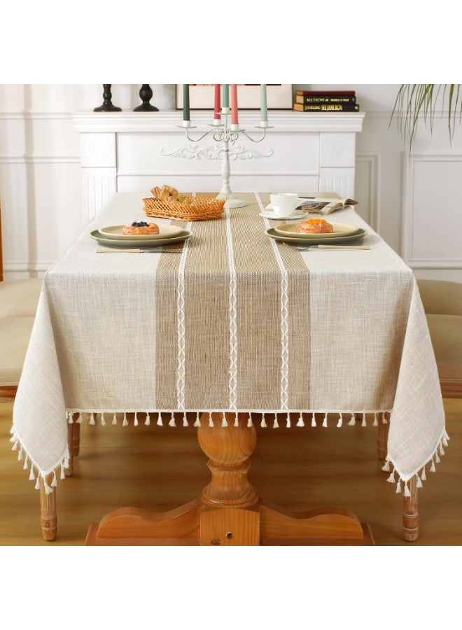 Rustic Cotton Linen Tablecloth, Waterproof Washable, Tassel Fringe, 55''x 86'' for 6-8 Seat Rectangle Tables - Image 1