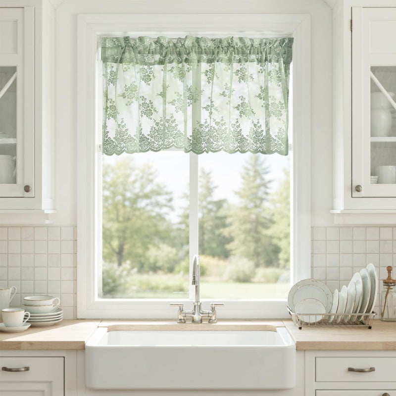 Kotile Light Sage Green Sheer Valance Curtain for Windows, Rustic Floral Muted Green Window Lace Curtain 18 Inch Length, Rod Pocket Light Filtering Valance, 52W x 18L Inch, 1 Panel - Image 2