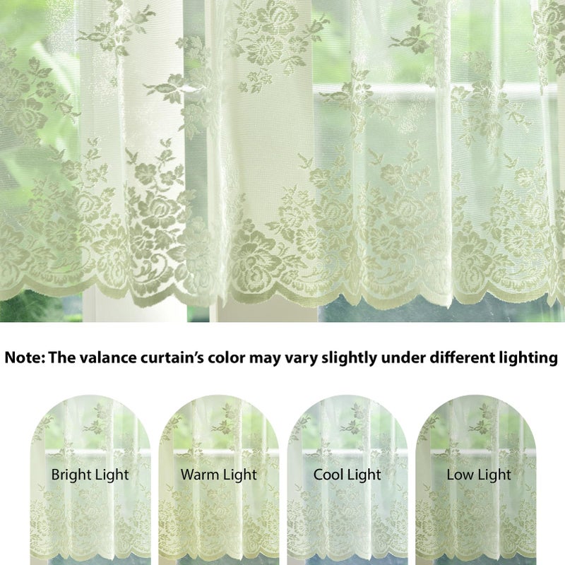 Kotile Light Sage Green Sheer Valance Curtain for Windows, Rustic Floral Muted Green Window Lace Curtain 18 Inch Length, Rod Pocket Light Filtering Valance, 52W x 18L Inch, 1 Panel - Image 5