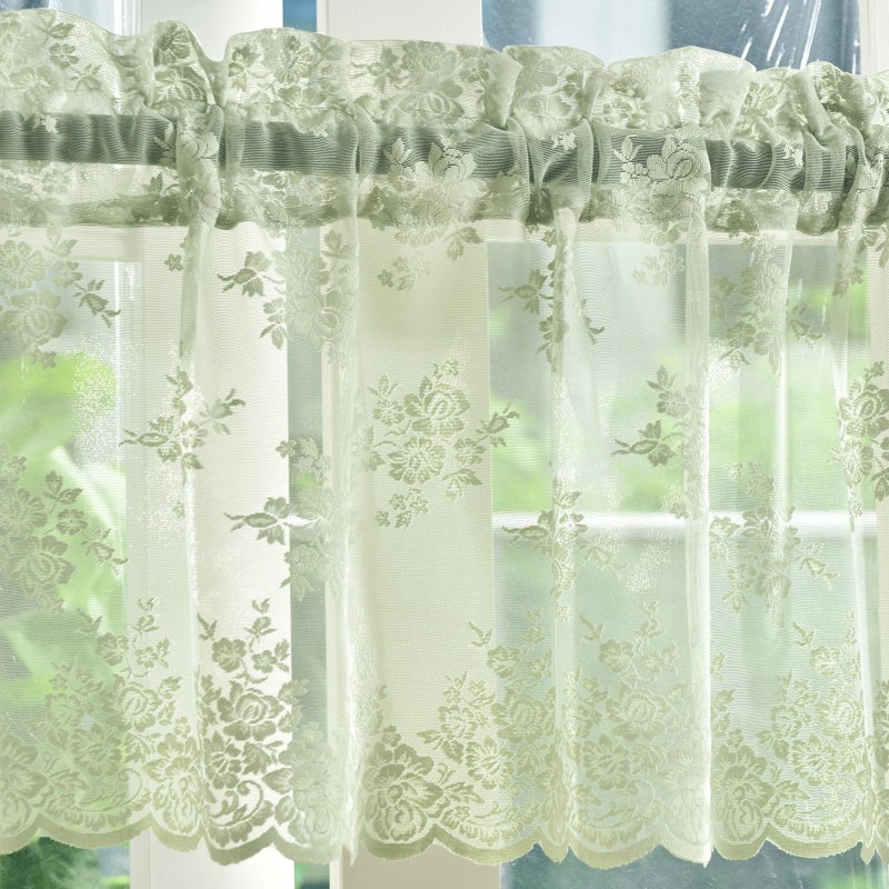 Kotile Light Sage Green Sheer Valance Curtain for Windows, Rustic Floral Muted Green Window Lace Curtain 18 Inch Length, Rod Pocket Light Filtering Valance, 52W x 18L Inch, 1 Panel - Image 1