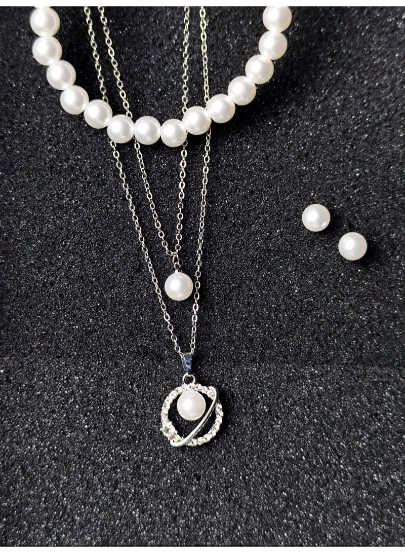 GELESE Women's Necklace and Earring Set 3-Layer Pearl Necklace and Pearl Earring 2-Piece Set (Silver)