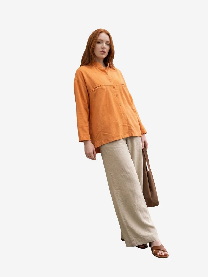 ماي فاشن MY FASHION Oversized Linen-Blend Long Sleeve Shirt
