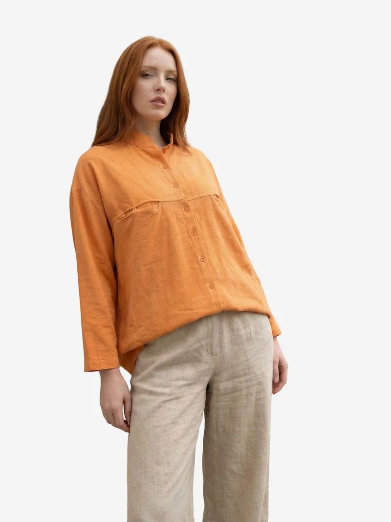 My Fashion Pale Orange MY FASHION Oversized Linen-Blend Long Sleeve Shirt for Women | Best Price UAE