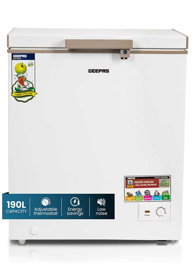 GEEPAS 170L Gross/145L Net Capacity Single Door Chest Freezer With Compressor Switch Off Function, LED Light, Lock & Key, High Efficiency Monolithic Foaming, 1 Food Basket, Adjustable Thermostat 190 L 115 W GCF1706WAH White - Image 1
