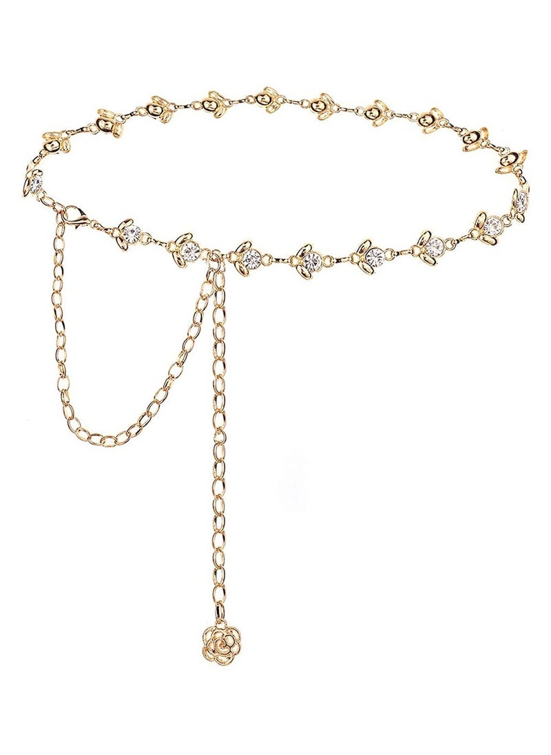 Chain Belt for Women Rhinestone Crystal Waist Belts Metal Waist Chain Metal Belt Women Girls Adjustable Body Link Belts Fashion Belly Jewelry for Jeans Dresses (Gold) - Image 1