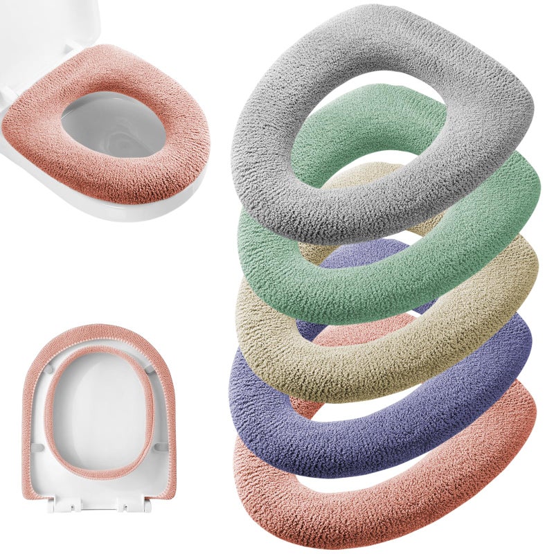 Legigo 5 Pack Thicker Bathroom Toilet Seat Cover Pads- Soft Warmer Toilet Seat Cushion Cover Stretchable Washable Fiber Cloth, Easy Installation Comfortable Toilet Lid Seat Cover(Knit Elongated Light) - Image 1