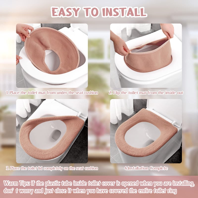 Legigo 5 Pack Thicker Bathroom Toilet Seat Cover Pads- Soft Warmer Toilet Seat Cushion Cover Stretchable Washable Fiber Cloth, Easy Installation Comfortable Toilet Lid Seat Cover(Knit Elongated Light) - Image 4