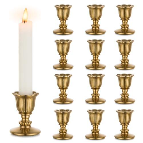 Romadedi Vintage Candlestick Candle Holders Brass Romadedi Taper Gold Candle Stick Victorian Style for Table Centerpiece Wedding Reception Festive Christmas Mantel Decoration or Home Decor Set of 12 - Image 1