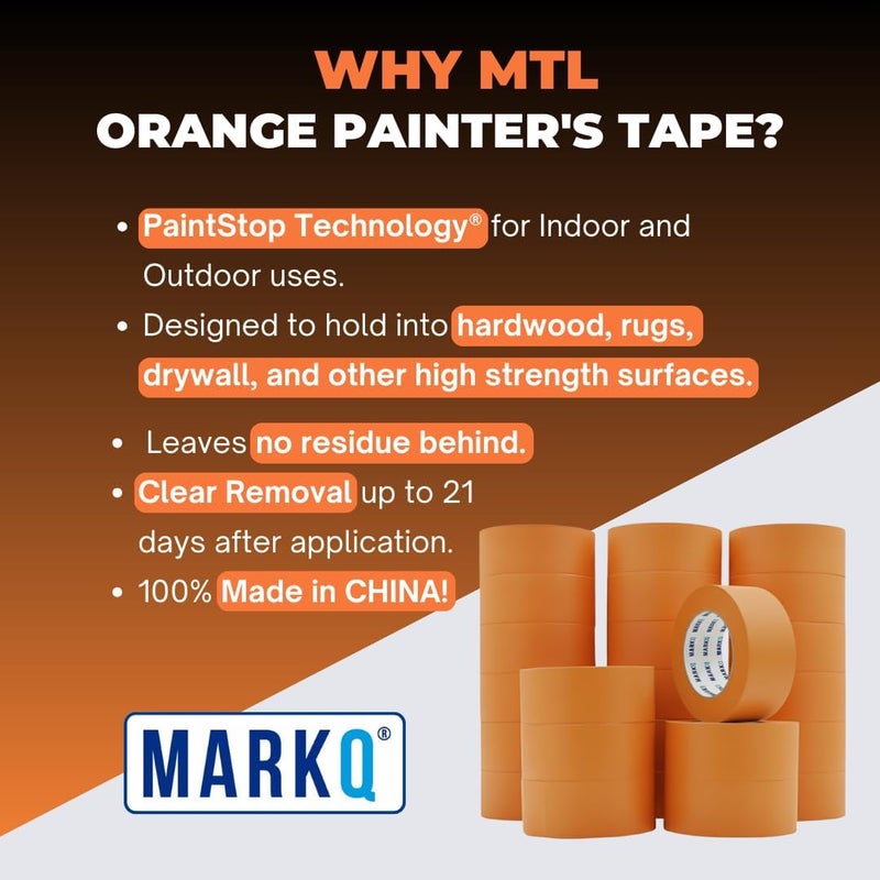 MARKQ شريط لاصق برتقالي - عرض 2 بوصة، طول 20 ياردة - إزالة نظيفة، خطوط طلاء حادة - مثالي لمشاريع DIY، التسمية، الفنون والحرف (24 لفة) - Image 2