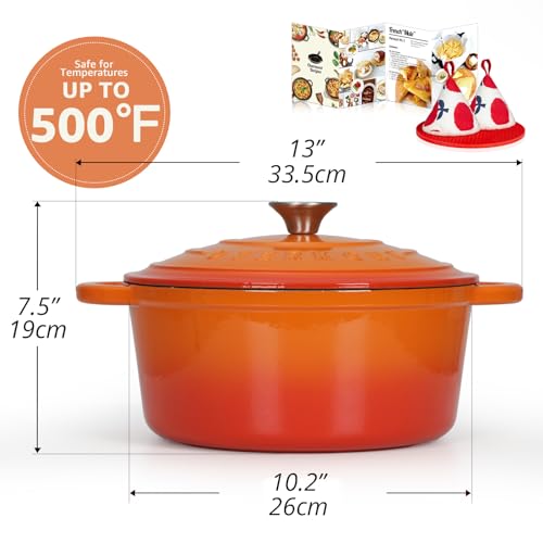 Overmont فرن هولندي من أوفermont مصنوع من الحديد الزهر المينا - وعاء سعة 5.5QT مع غطاء وكتاب وصفات وقبعات قطنية - أدوات طهي قوية لتحضير الأطباق المطبوخة، الحساء، الشواء، وخبز الخبز باللون البرتقالي - Image 3
