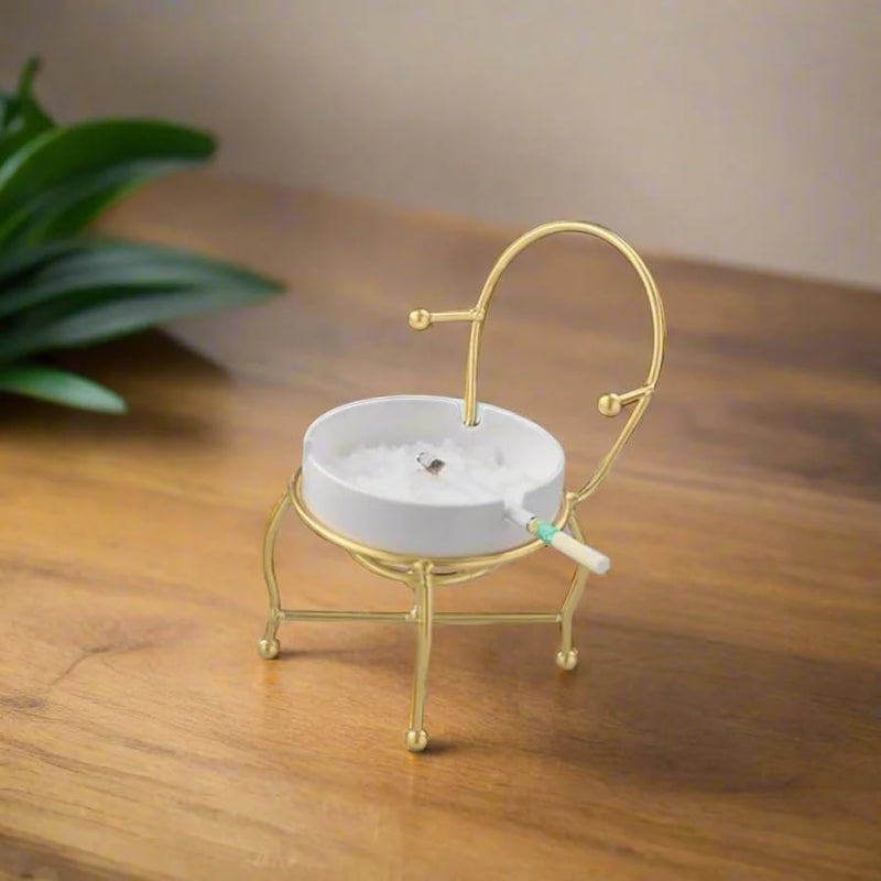 CORALTREE CORAL TREE Modern Chair-Shaped Ceramic Ashtray with Rust-Free Gold Metal Frame, Luxury Windproof Ash Tray for Home Office Hotel and Restaurant, Fancy Decorative Party Gift Item (Chair style) - Image 4