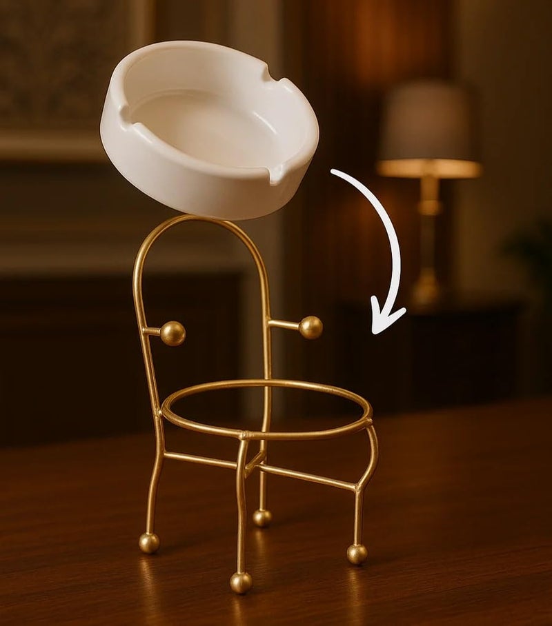 CORALTREE CORAL TREE Modern Chair-Shaped Ceramic Ashtray with Rust-Free Gold Metal Frame, Luxury Windproof Ash Tray for Home Office Hotel and Restaurant, Fancy Decorative Party Gift Item (Chair style) - Image 2
