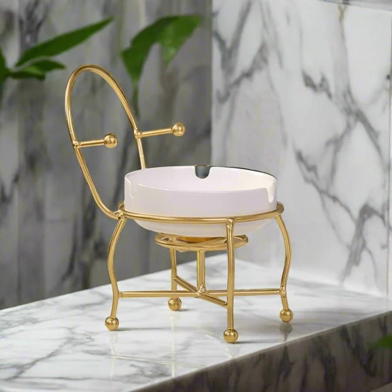 CORALTREE CORAL TREE Modern Chair-Shaped Ceramic Ashtray with Rust-Free Gold Metal Frame, Luxury Windproof Ash Tray for Home Office Hotel and Restaurant, Fancy Decorative Party Gift Item (Chair style) - Image 5