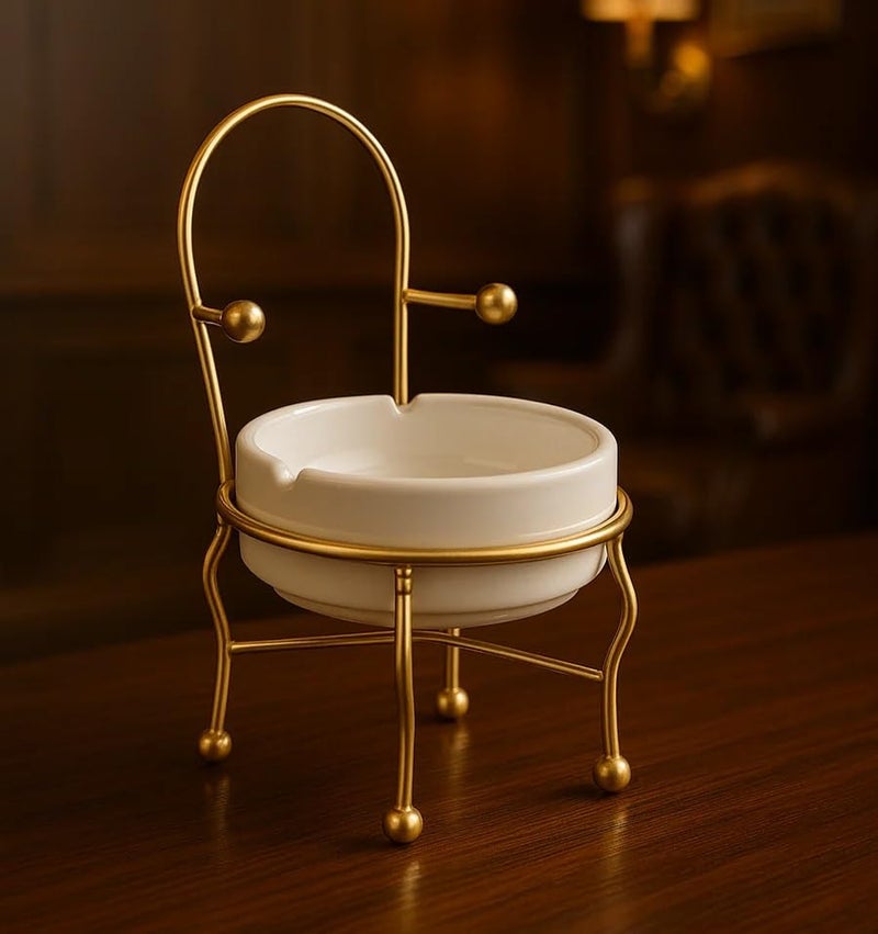 CORALTREE CORAL TREE Modern Chair-Shaped Ceramic Ashtray with Rust-Free Gold Metal Frame, Luxury Windproof Ash Tray for Home Office Hotel and Restaurant, Fancy Decorative Party Gift Item (Chair style) - Image 1