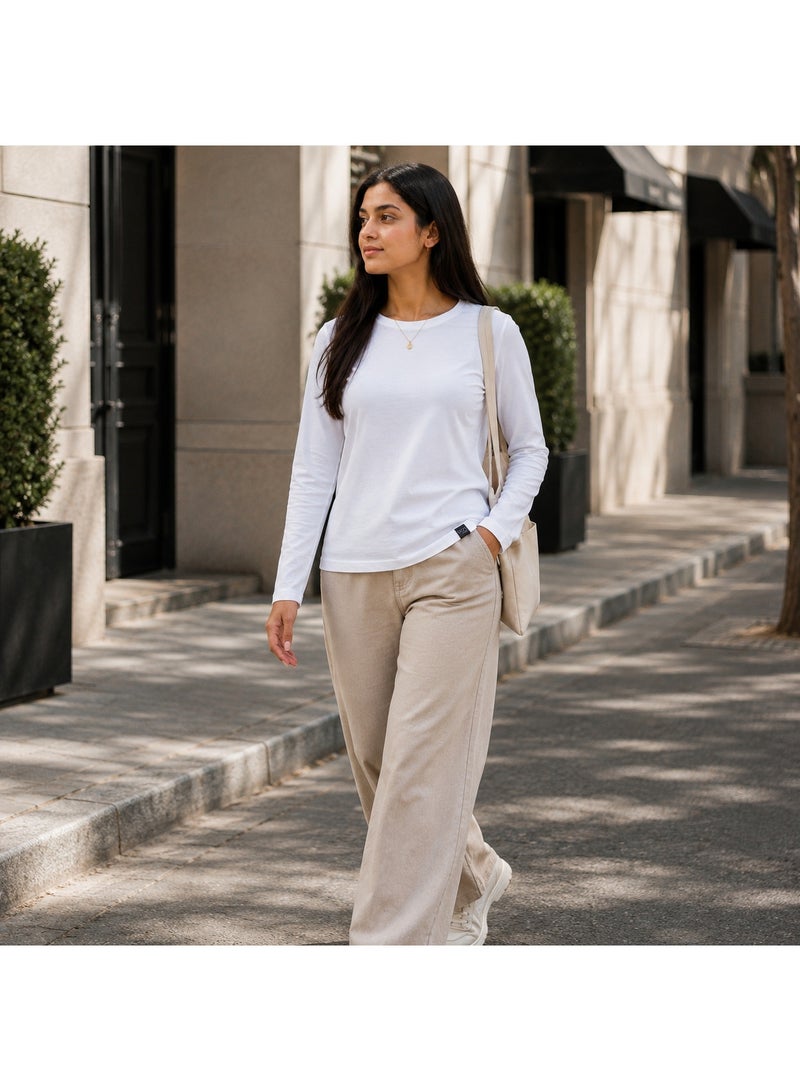 RSO Outfits Regular Fit Solid Cotton Full Sleeves Round Neck Women's T-Shirt White - Image 1