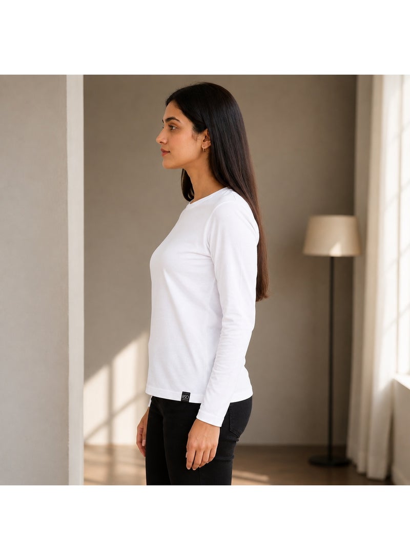 RSO Outfits Regular Fit Solid Cotton Full Sleeves Round Neck Women's T-Shirt White - Image 2
