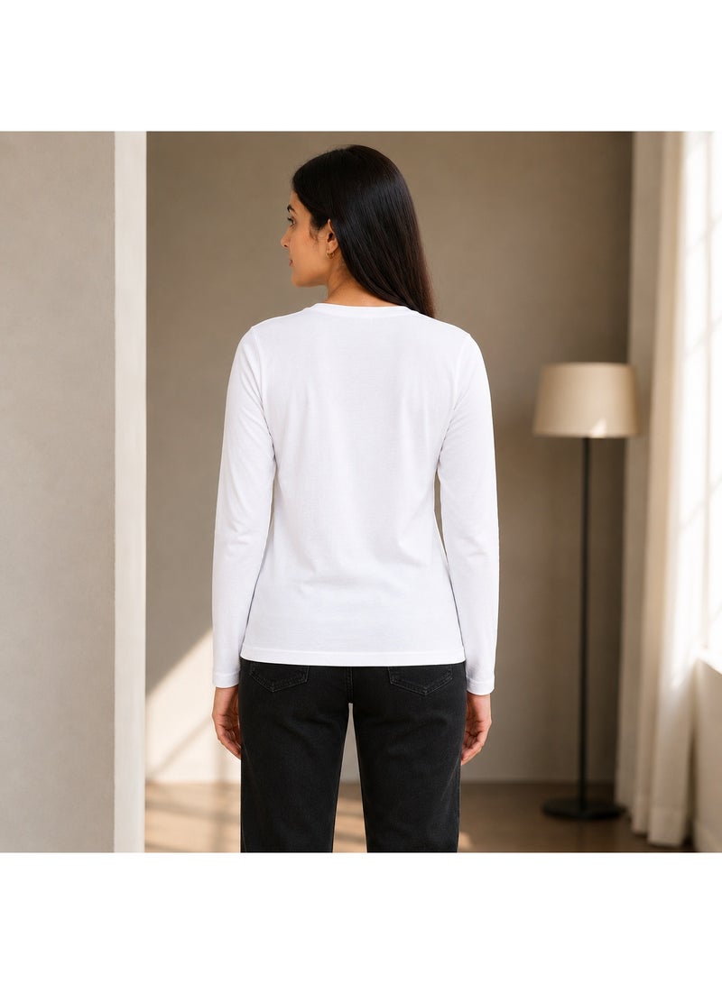 RSO Outfits Regular Fit Solid Cotton Full Sleeves Round Neck Women's T-Shirt White - Image 3